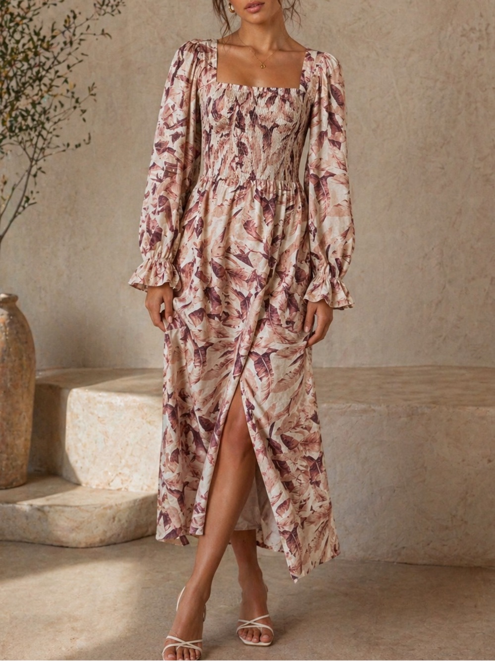 House of Harlow 1960 Floral Midi Dress Smocked Bust Long Sleeve Boho size Medium